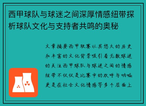 西甲球队与球迷之间深厚情感纽带探析球队文化与支持者共鸣的奥秘