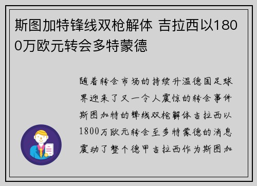 斯图加特锋线双枪解体 吉拉西以1800万欧元转会多特蒙德 斯图加特锋线双枪解体 吉拉西以1800万欧元转会多特蒙德